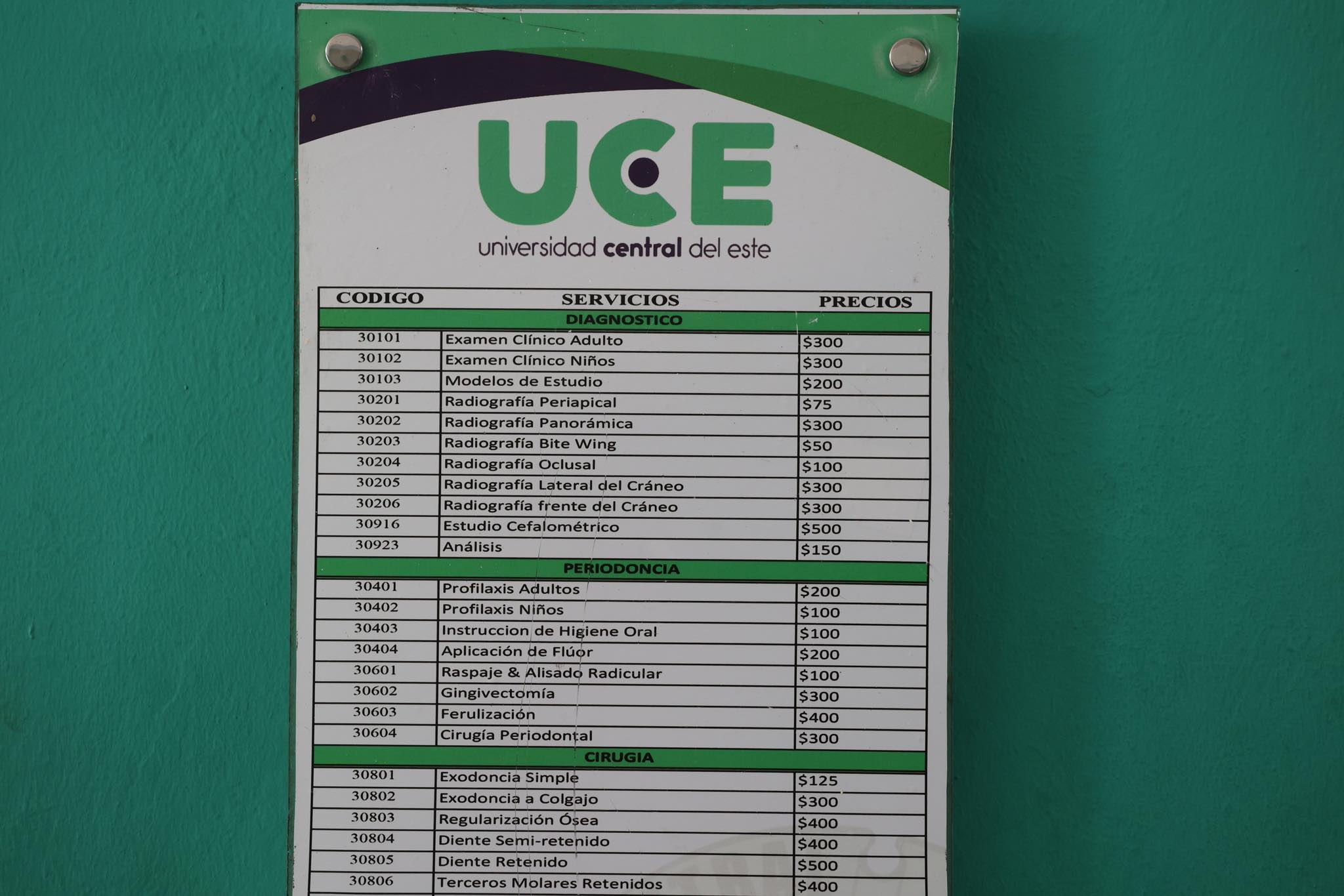 Price list of dental services provided at the UCE teaching clinic